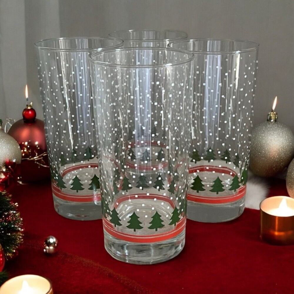 Libbey LRS61 TREES & SNOW Set of 4 5-1/4" 12oz Tumblers Glasses Christmas HTF ec